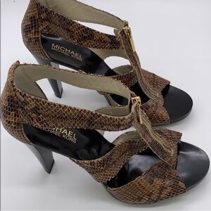 MICHAEL Michael Kors Brown LeatherZip Up Snake Skin Print  Heels NWOB Sz 8